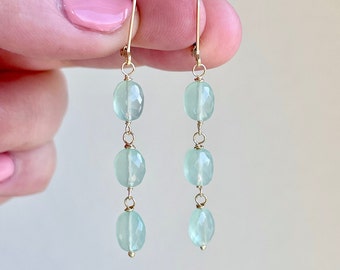 Green Chalcedony Earrings, Mint Green Earrings in Gold or Silver, Wire Wrapped Oval Dangle Boho Earrings, Sage Light Drops, Gift for women