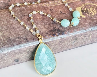 Amazonite Long Statement Necklace, Teal Amazonite Teardrop Pendant in Gold, Labradorite Beaded Layering Necklace, Blue and Gray Gift for her