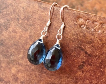 London Blue Quartz Simple Drop Earrings, Blue Teardrop Earrings, Deep Navy Blue Earrings, Indigo Drop Earrings, Gift for December Birthday