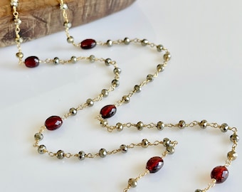 Garnet and Pyrite Long Beaded Necklace, Red and Gold Wrap Around Layering Rosary Chain in Gold or Silver, January Birthstone Gift for her