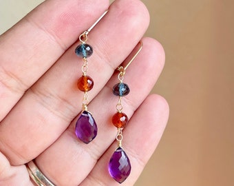 Amethyst Hessonite Garnet and Blue Topaz Drop Earrings, Purple Orange and Blue Elongated Earrings, Beaded Statement Drops, Gift for her