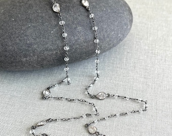 Crystal Quartz and White Topaz Beaded Necklace, Clear Sparkly Necklace in Oxidized Silver, Black Rhodium Boho Layering Wire Wrapped Jewelry