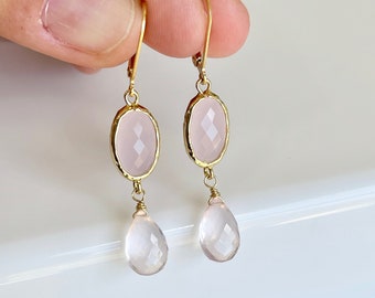 Rose Quartz Earrings, Pink Statement Earrings, Light Pink Gold Drops, Rose Quartz Jewelry, Rose Blush Dangle Earrings, Elegant Gift for her