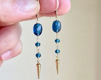 Blue Sapphire Quartz Earrings, September Birthstone, Navy Blue Long Earrings in Gold or Silver, Oval Beaded Boho Jewelry, Mother's Day Gift