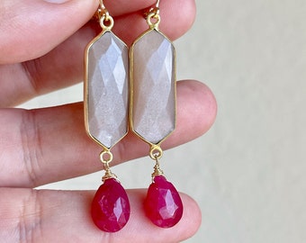 Orange Moonstone and Ruby Earrings, Peach and Read Elongated Earrings in Gold, June Birthstone Hexagonal Gemstone Drops, Pastel Gift for her