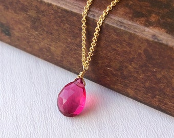 Pink Tourmaline Necklace, Hot Fuchsia Gold Necklace, October Birthstone, Simple Hot Pink Tiny Drop Necklace, Dainty Delicate Gift for her