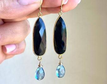 Black Onyx and Aquamarine Teardrop Earrings, Black and Blue Elongated Statement Earrings Gold, Elegant Black Jewelry, Dangle Gift for her
