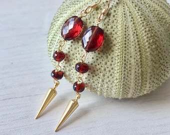 Garnet Earrings, January Birthstone, Garnet Dangle Earrings, Pointy Red Gold Earrings, Minimalist Garnet Jewelry, Red Drop Earrings for her