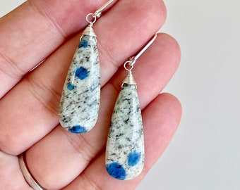 Azurite Jasper Earrings, K2 Jasper Smooth White and Blue Blue Teardrop Statement Earrings in Sterling Silver, Pattern Drops Gift for women