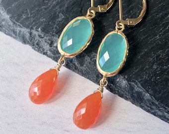 Aqua Chalcedony and Carnelian Earrings, Turquoise and Coral Statement Earrings, Blue and Orange Jewelry, Colorful Elegant Earrings for women