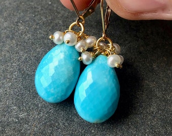 Turquoise and Pearl Earrings, Turquoise and White Pearl Teardrop Earrings, Gold Statement Earrings, December Birthstone Jewelry Gift for her