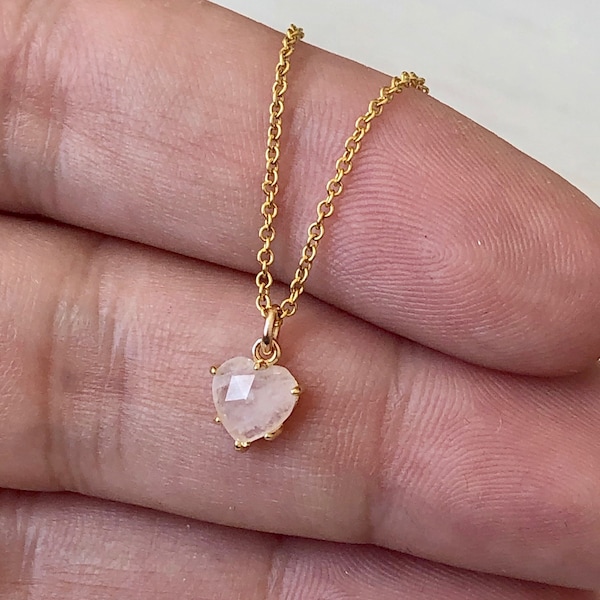 Tiny Heart Necklace, Rose Quartz Heart Pendant, Small Pink Delicate Necklace, Minimalist Layering Jewelry, Gift for her, Love Necklace, Mom