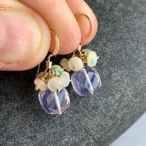 Pink Amethyst and Opal Earrings, February Birthstone, Small Lavender Cubes and Fire Opal Drops in Gold or Silver, Minimalist Jewelry Gift