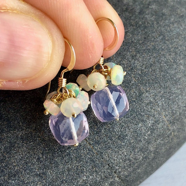 Pink Amethyst and Opal Earrings, February Birthstone, Small Lavender Cubes and Fire Opal Drops in Gold or Silver, Minimalist Jewelry Gift