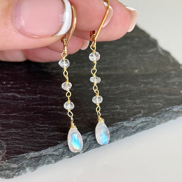 Moonstone and Aquamarine Earrings, White and Blue Dangle Drops, Elegant Beaded Earrings Gold or Silver, March Birthstone, Gift for women