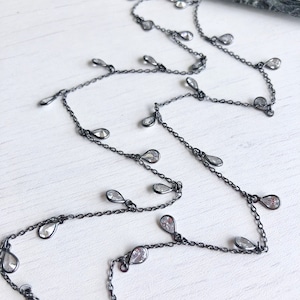 White Topaz Long Necklace, Crystal Layering Necklace in Oxidized Silver Chain, Double teardrop Station Necklace, Dainty Jewelry for women