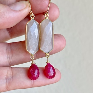 Orange Moonstone and Ruby Earrings, Peach and Read Elongated Earrings in Gold, June Birthstone Hexagonal Gemstone Drops, Pastel Gift for her