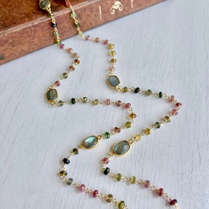 Watermelon Tourmaline Long Beaded Necklace, October Birthstone, Multicolor Gold Layering Necklace, Wire Wrapped Rosary Chain, Mom Wife Gift image 2