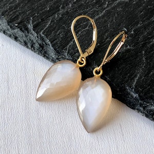 Orange Moonstone Earrings, June Birthstone, Peach Teardrop Earrings, Beige Statement Earrings Gold or Silver, Sheen Gemstone Jewelry Gift
