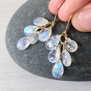 Rainbow Moonstone Earrings, White Cluster Earrings in Gold or Silver, Teardrop Statement Earrings, June Birthstone Jewelry Gift for women