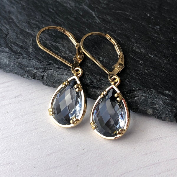 Mystic Topaz Earrings, Gray Teardrop Earrings in Gold or Silver, Minimalist Jewelry, Neutral Gray Jewelry, Small Dangle Drop, Gift for her