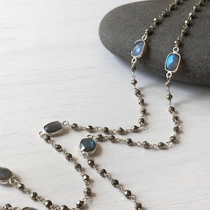 Labradorite Necklace, Blue Flash Labradorite Layering Necklace, Labradorite and Pyrite Beaded Necklace, Silver Pyrite Jewelry, Gift for her