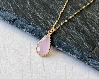 Rose Quartz Necklace, Pink Teardrop Pendant, Minimalist Light Blush Necklace, Rose Quartz Jewelry, Unconditional Love gift for girlfriend