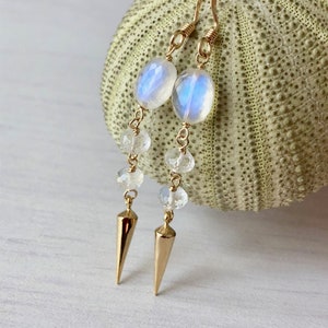 Rainbow Moonstone Earrings, June Birthstone, White Moonstone Long Earrings, Gold Moonstone Earrings, Summer Earrings, Boho Jewelry Gift
