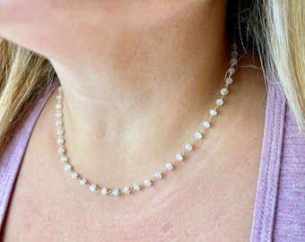 Rainbow Moonstone Beaded Necklace, June Birthstone, Moonstone Chocker in Gold or Silver, White Summer Necklace, Dainty Jewelry, Gift for her