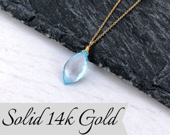 Blue Topaz Necklace, December Birthstone, Solid 14k Gold Jewelry, Minimalist Blue Teardrop Pendant, Blue Topaz Jewelry for December Gift