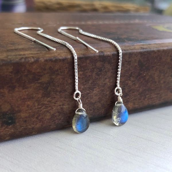 Labradorite Threader Earrings, Blue Labradorite Earrings, Minimalist Jewelry, Pull Through Chain Ear Threader, Summer Earrings, Gift for her