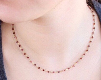 Garnet Necklace, Garnet Beaded Necklace, January Birthstone, Dainty Garnet Necklace, Red Choker Necklace, Simple Gold Necklace, Gift for her