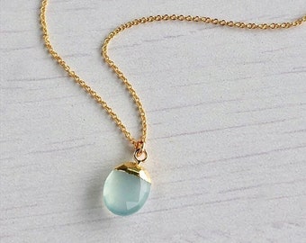 Aqua Chalcedony Necklace, Aqua Blue Oval Pendant, Minimalist Layering Jewelry, March Birthstone, Chalcedony Gold or Silver Necklace for her