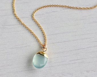 Aqua Chalcedony Necklace, Aqua Blue Oval Pendant, Minimalist Layering Jewelry, March Birthstone, Chalcedony Gold or Silver Necklace for her