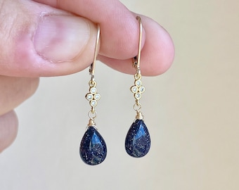 Blue Sunstone Earrings, Dark Navy Blue Sparkly Teardrop Minimalist Earrings Gold or Silver, Dainty Sunstone Jewelry, Hanukkah Gift for women