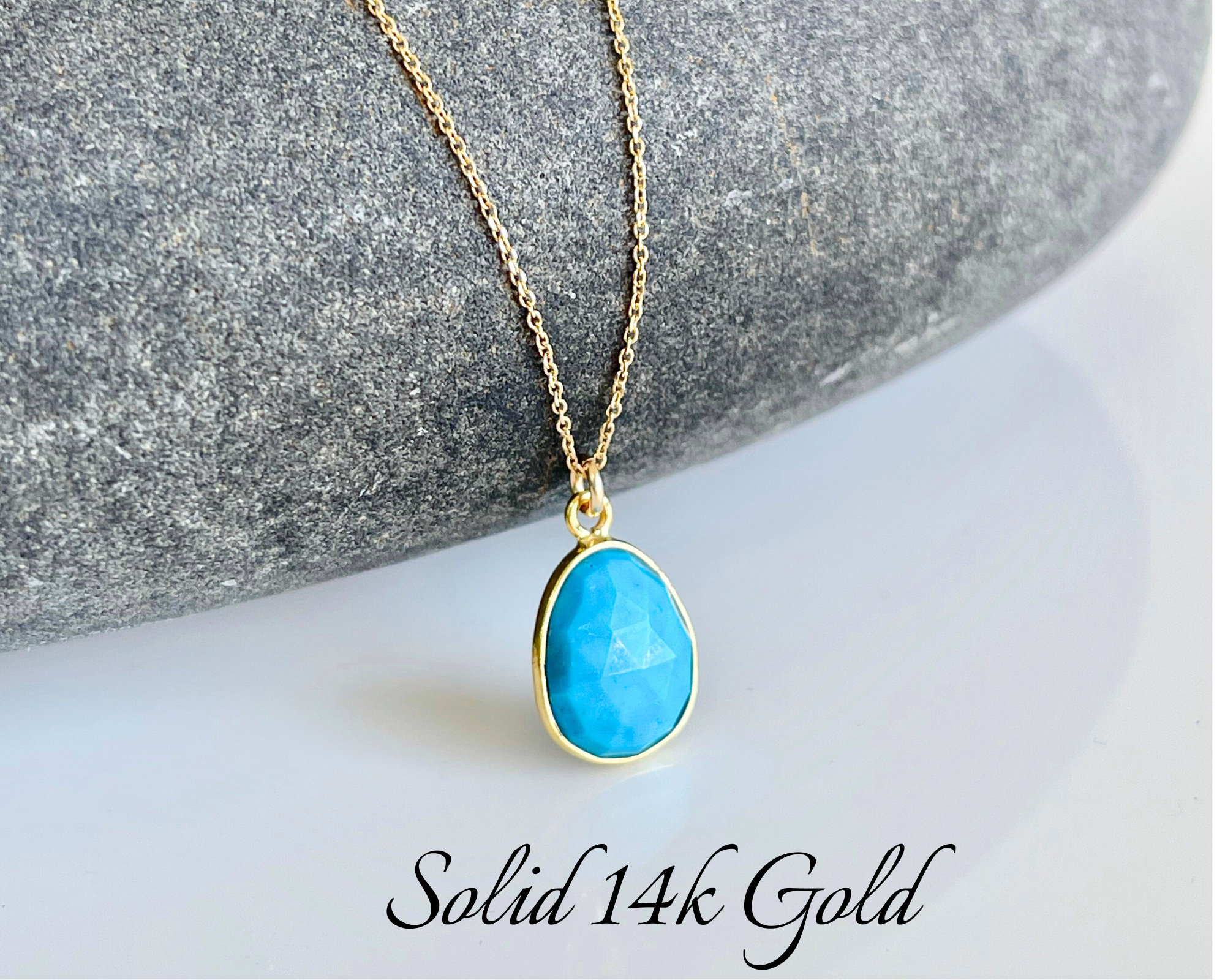 Turquoise Necklace, December Birthstone, Solid 14k Gold Genuine Turquoise Oval Pendant in Real Yellow Gold, Turquoise Jewelry, Gift for her