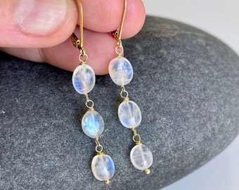 Rainbow Moonstone Earrings, June Birthstone, Elongated Earrings in Gold or Silver, Wire Wrapped Oval Dangle Boho Earrings, Gift for women