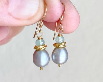 Gray Pearl and Chalcedony Earrings, June Birthstone, Gray and Aqua Pearl Minimalist Jewelry in Gold or Silver, Tiny Drops, Mother's Day Gift