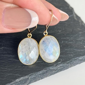 Rainbow Moonstone Statement Earrings, White Faceted Elongated Oval Earrings in Gold Filled, June Birthstone, Boho Jewelry Gift for Mom