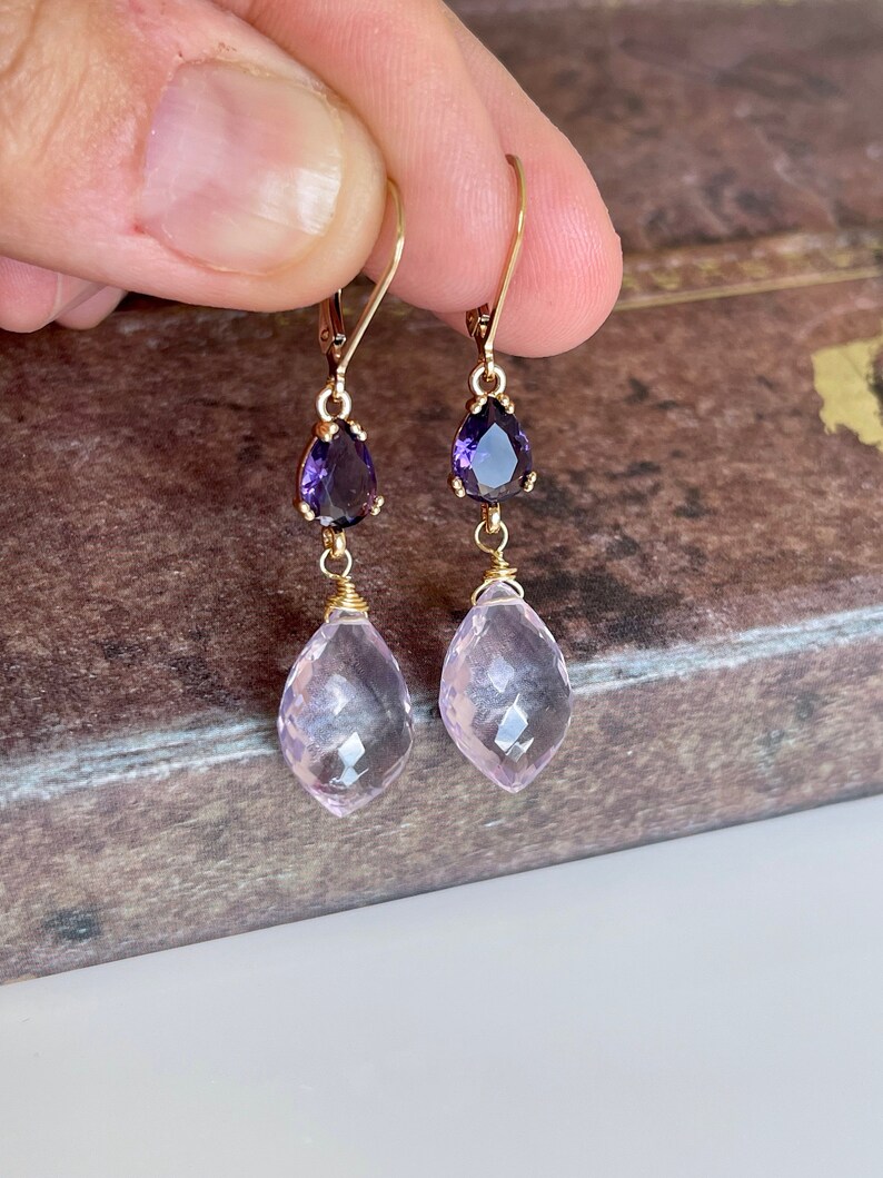 Amethyst Statement Earrings, Dark and Light Purple Dangle Earrings in Gold, February Birthstone, Lavender Elegant Drop Earrings Gift for her image 9