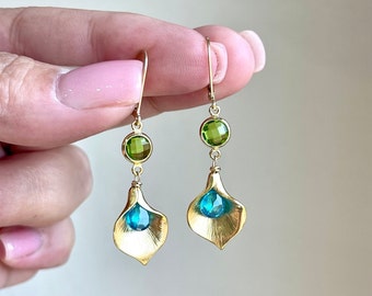 Peridot and Apatite Earrings, Green and Blue Calla Lily Drop Earrings in Gold, Turquoise and Lime  Flower Earrings, Summer Gift for Mom