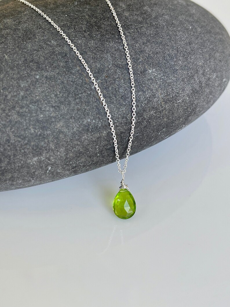 Peridot Necklace, August Birthstone, Lime Green Necklace, Tiny Peridot Pendant, Minimalist Drop Layering Necklace, Gift for her under 30 image 9