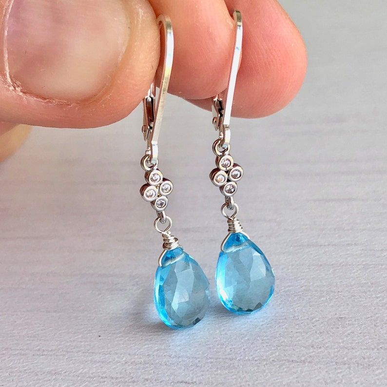 Blue Topaz Earrings, December Birthstone, Sky Blue Teardrop Dangle Earrings, Minimalist Earrings Gold or Silver, Blue Jewelry Gift for Bride image 2