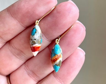 Oyster Turquoise Earrings, December Birthstone, Blue White and Orange Icicle Teardrop Earrings Gold or Silver, Minimalist Jewelry Gift