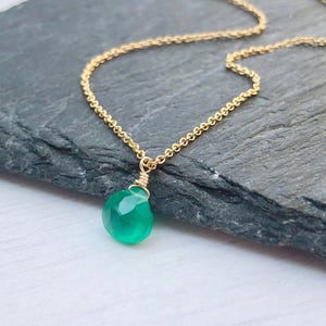 Green Onyx Necklace, May Birthstone, Emerald Green Teardrop Pendant, Minimalist Necklace, Gold Layering Necklace, Emerald Jewelry May Gift