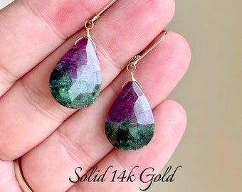 Ruby Zoisite Earrings, Green and Hot Pink Solid 14k Gold Teardrop Earrings, Real Gold Statement Jewelry, Large Gemstone Drops, Gift for her