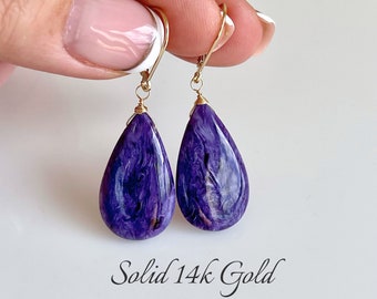 Purple Charoite Earrings, Deep Violet Teardrop Earrings in Genuine Solid 14k Gold, Elongated Smooth Earrings, Real Gold Lilac Gift for her