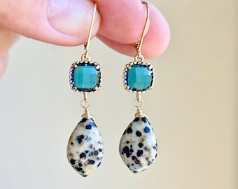 Apatite and Dalmatian Jasper Earrings, Blue Black and White Teardrop Statement Earrings in Gold, Speckled Pattern Black Jewelry for women