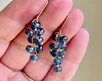 Teal Kyanite Earrings, Teal Blue Kyanite Cluster in Gold Filled or Sterling Silver, Gemstone Beaded Jewelry, Boho Chic Drops, Gift for her