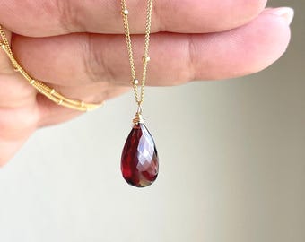 Garnet Necklace, January Birthstone, Dark Red Faceted Teardrop Layering Necklace on Satellite Chain Gold or Silver, Dainty Gift for her